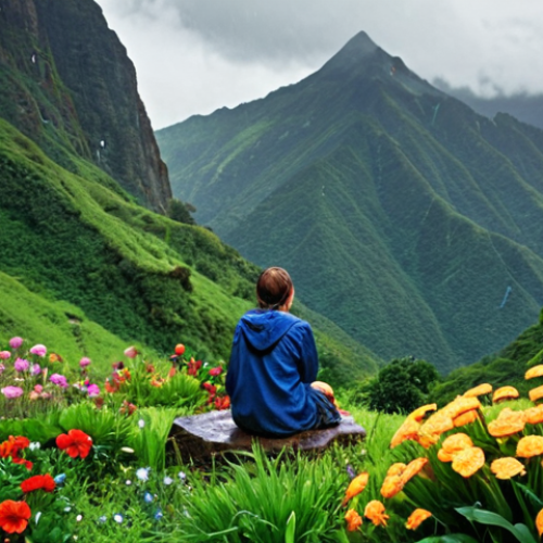 Home 4 **A writer inspired by nature:** A person sitting outdoors, surrounded by lush greenery and colorful flowers, gazing thoughtfully at a rain-soaked mountain range. Capture the feeling of inspiration and the connection between nature and storytelling. Focus on vibrant colors and a sense of peaceful creativity.