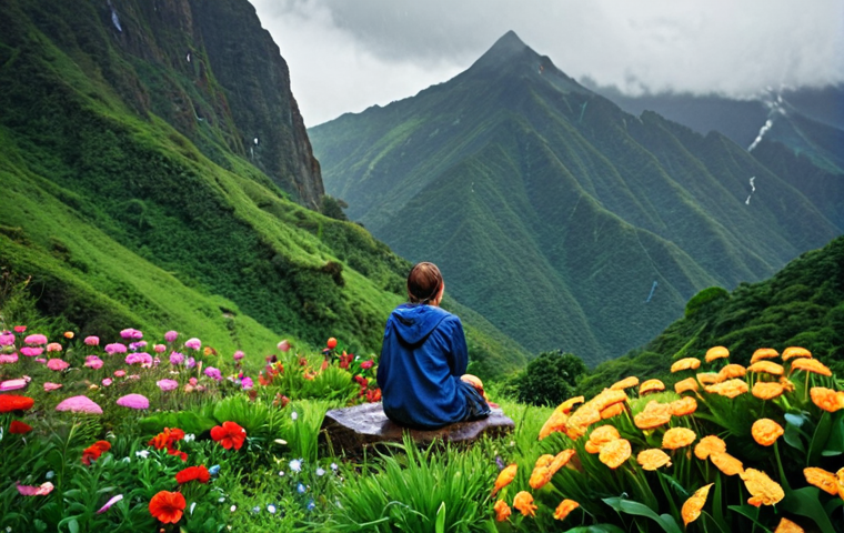 **A writer inspired by nature:** A person sitting outdoors, surrounded by lush greenery and colorful flowers, gazing thoughtfully at a rain-soaked mountain range. Capture the feeling of inspiration and the connection between nature and storytelling. Focus on vibrant colors and a sense of peaceful creativity.
