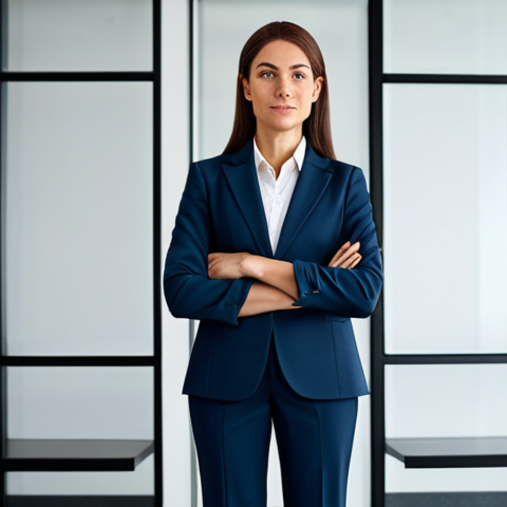 창의적 글쓰기의 사회적 역할 탐구 - **A professional businesswoman in a modest business suit, standing confidently in a modern office. F...