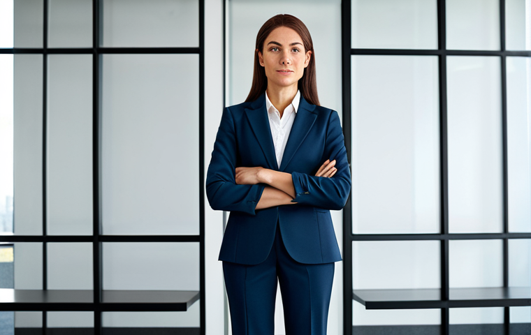 창의적 글쓰기의 사회적 역할 탐구 - **A professional businesswoman in a modest business suit, standing confidently in a modern office. F...