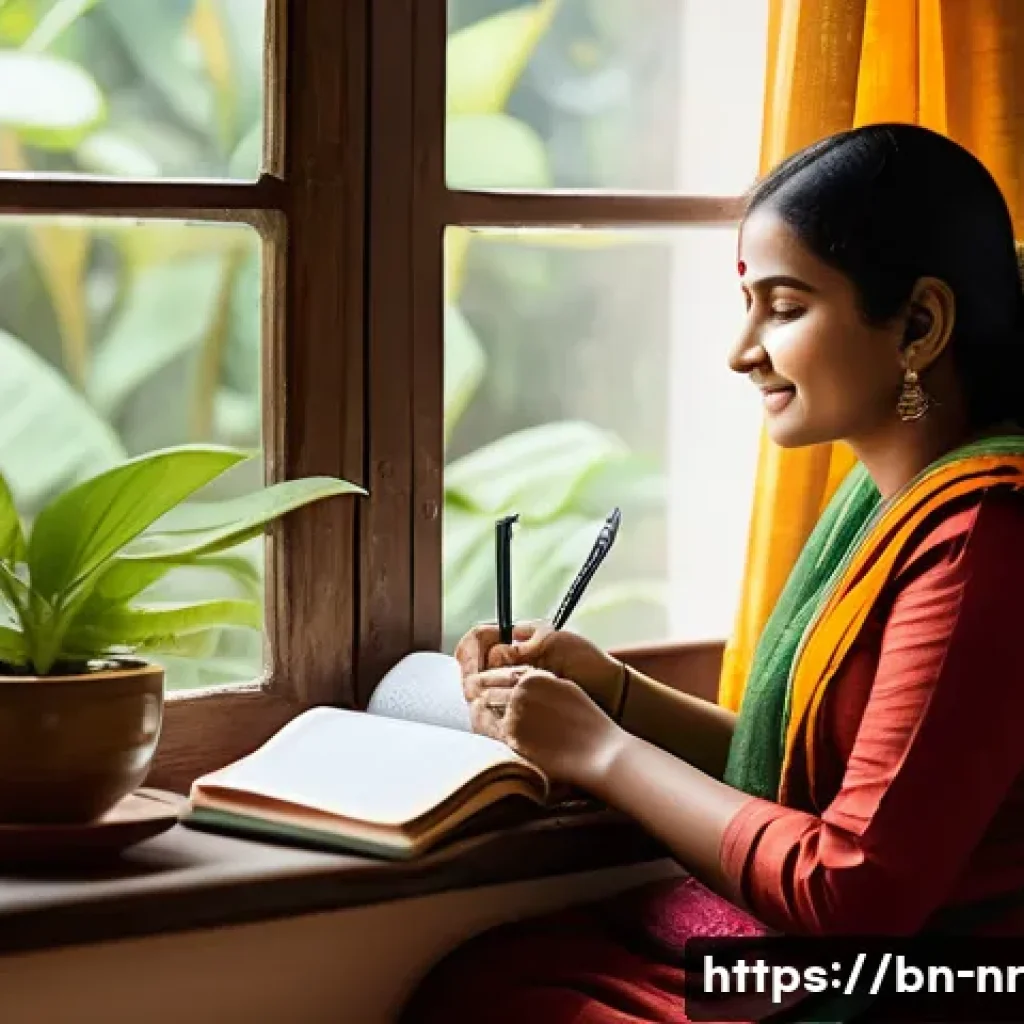 글쓰기로 인한 심리적 변화 탐구 - A serene Bengali woman sitting peacefully by a window in a traditional home, writing in a diary with...