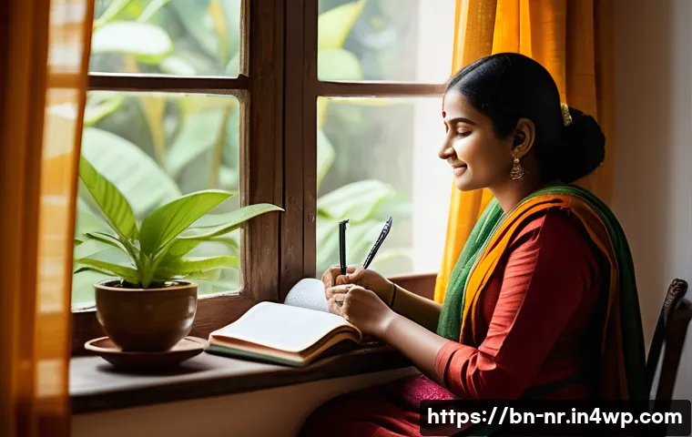 글쓰기로 인한 심리적 변화 탐구 - A serene Bengali woman sitting peacefully by a window in a traditional home, writing in a diary with...