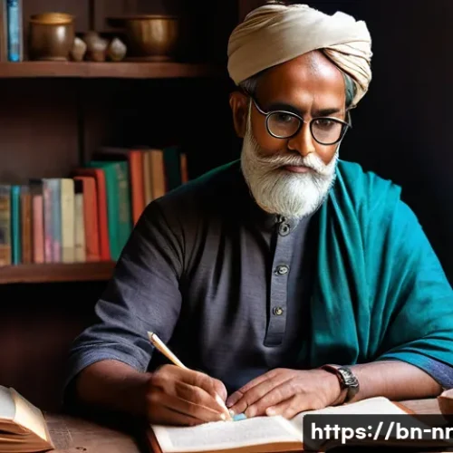 창의적 글쓰기와 자기 표현의 관계 - A thoughtful Bengali writer sitting at a wooden desk by a large window with soft natural light filte...