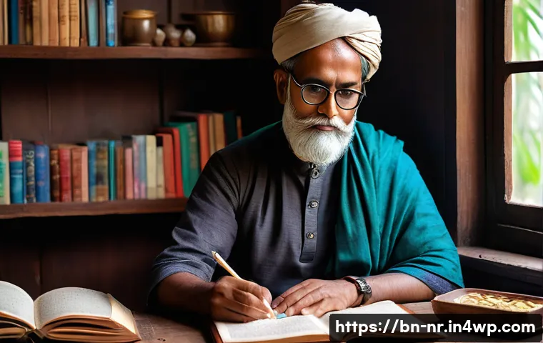 창의적 글쓰기와 자기 표현의 관계 - A thoughtful Bengali writer sitting at a wooden desk by a large window with soft natural light filte...