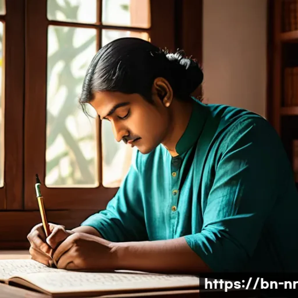 창의적 글쓰기를 위한 자기 반성법 - A serene Bengali writer sitting at a traditional wooden desk by a large window, sunlight softly illu...