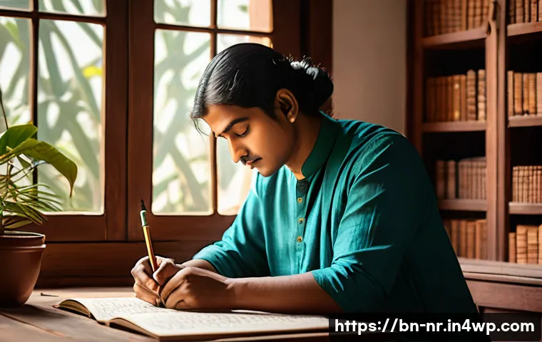 창의적 글쓰기를 위한 자기 반성법 - A serene Bengali writer sitting at a traditional wooden desk by a large window, sunlight softly illu...
