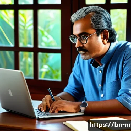 독창성을 유지하며 글쓰기 위한 전략 - A thoughtful Bengali writer seated at a wooden desk near a large window with natural sunlight stream...