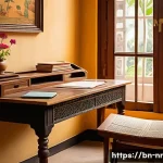 창의적 글쓰기에서의 자아 발견 - A serene and cozy writing nook bathed in warm natural light, featuring a traditional Bengali wooden ...