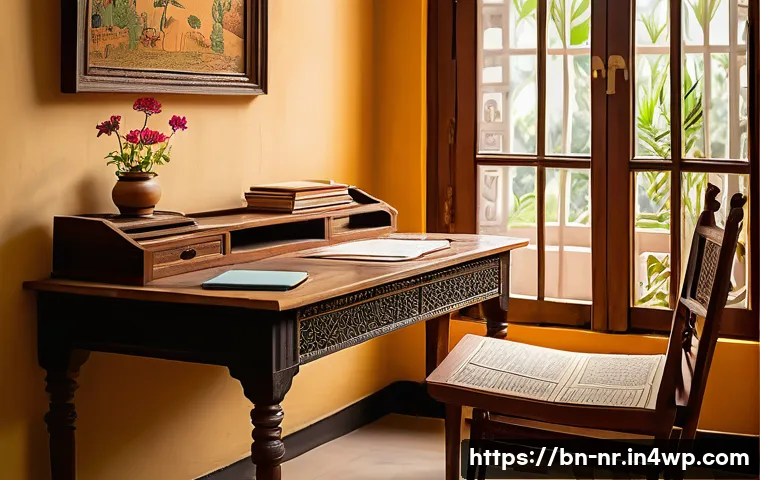 창의적 글쓰기에서의 자아 발견 - A serene and cozy writing nook bathed in warm natural light, featuring a traditional Bengali wooden ...