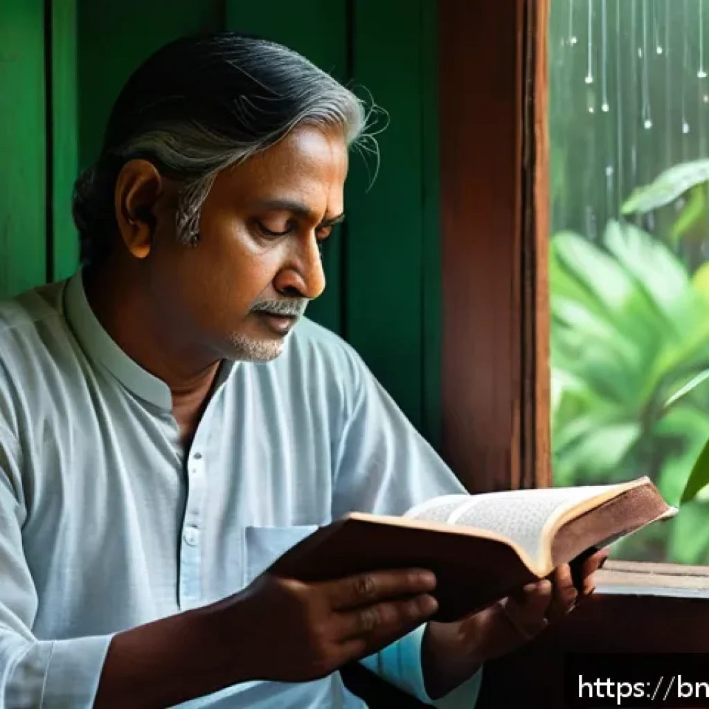 비유와 은유를 활용한 창의적 글쓰기 - A serene, contemplative Bengali poet sitting by a window on a rainy day, holding a book of poetry wi...