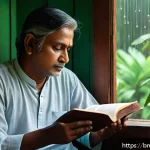 비유와 은유를 활용한 창의적 글쓰기 - A serene, contemplative Bengali poet sitting by a window on a rainy day, holding a book of poetry wi...