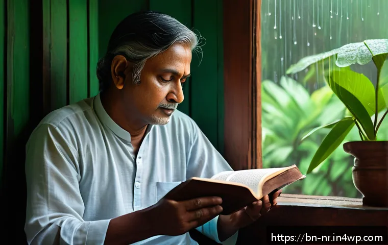 비유와 은유를 활용한 창의적 글쓰기 - A serene, contemplative Bengali poet sitting by a window on a rainy day, holding a book of poetry wi...
