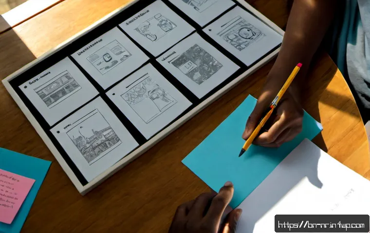 스토리 보드로 창의적 글쓰기 계획하기 - Photorealistic overhead view of a Bengali creative writer planning a story with blank storyboard pan...