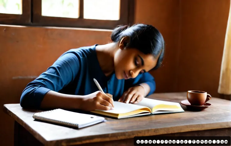 Home 17 감정 기반의 글쓰기 연습 방법 - Photorealistic intimate writing practice scene, a Bengali woman in modest casual clothing seated at ...